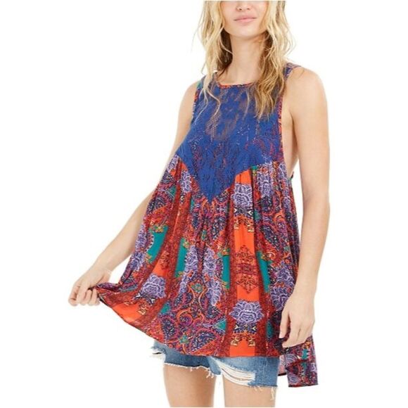 Free People Count Me In Trapeze Boho Tunic Tank Red Hot Combo Paisley XS - Picture 1 of 13